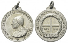 ROMA
Pio XI (Achille Ratti), 1922-1939.
Medaglia 1932.
Æ argentato gr. 12,09 mm. 31
Dr. PIO XI FONDATORE DELL'UNIONE UOMINI CATTOLICI. Busto a s.,...