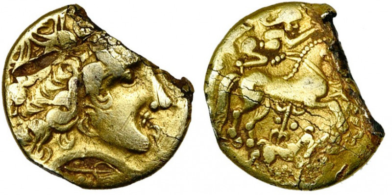 GAULE CELTIQUE, Aulerci Eburovices, AV hémistatère. D/ T. l. d''Apollon à d., le...