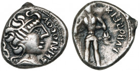 GAULE CELTIQUE, Aedui, AR quinaire, avant 52 av. J.-C. D/ B. fém. diad. à d., la chevelure formée de S et de croissants, un carquois à l''épaule. Deva...