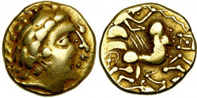 ARMORIQUE, Aulerci Cenomani, AV statère, 1er s. av. J.-C. Classe III. D/ T. l. à d. A hauteur du front, sorte de dauphin. R/ Cheval androcéphale ailé,...