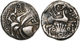 ARMORIQUE, Baiocasses, AR statère. Série à la lyre. D/ T. à d. entourée d''une ligne perlée et sommée d''un sanglier avec un annelet entre les pattes,...