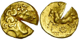 GAULE BELGIQUE, AV quart de statère, 2e s. av. J.-C. Type d''Hespérange à la rosette. D/ T. à d., le nez long et la bouche marqués par des points, le ...