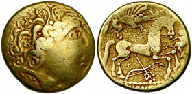 GAULE BELGIQUE, Caleti, AV hémistatère, 2e s. av. J.-C. Classe II. D/ T. à d., les cheveux en mèches enroulées. Sous le cou, volute. Sous le menton, g...