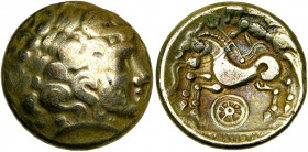 GAULE BELGIQUE, Caleti, El. hémistatère, 2e s. av. J.-C. Type à la roue. D/ T. l. d''Apollon à d. Sur la joue, une roue à huit rayons. R/ Aurige ten. ...