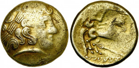 GAULE BELGIQUE, Caleti, El. hémistatère, 2e s. av. J.-C. Type aux trois lances. D/ T. l. d''Apollon à d. R/ Aurige brandissant une lance, conduisant u...
