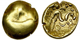 GAULE BELGIQUE, Ambiani, AV statère, vers 60 av. J.-C. Type uniface. Classe III. D/ Surface bombée lisse. R/ Cheval stylisé à d. En dessous, un globul...