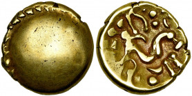 GAULE BELGIQUE, Ambiani, AV statère, vers 60 av. J.-C. Type uniface. Classe IV. D/ Droit lisse avec traces d''ornements sur le bord. R/ Cheval stylisé...