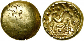 GAULE BELGIQUE, Ambiani, AV statère, vers 60 av. J.-C. Type uniface. Classe V. D/ Surface lisse. R/ Cheval stylisé à d. En dessous, deux S de part et ...