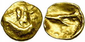 GAULE BELGIQUE, Ambiani, AV quart de statère au bateau. Série II. Classe I. Type biface à l''arbre et à la ligne brisée. D/ Motif dit "au bateau": cro...