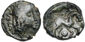 GAULE BELGIQUE, Ambiani, AE bronze. D/ T. d''Apollon à d., les cheveux calamistrés. Derrière, trois S. Devant, annelet et deux S. R/ Cheval à d., un o...