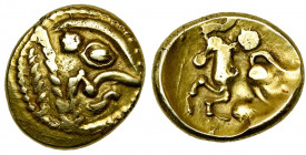 GAULE BELGIQUE, Bellovaci, AV statère, avant 57 av. J.-C. Classe I. D/ Profil très schématisé à d. R/ Cheval galopant à g. Au-dessus et en dessous, un...