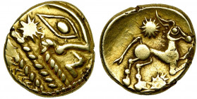 GAULE BELGIQUE, Bellovaci, AV statère, à partir de 57 av. J.-C. Classe II. D/ Profil très schématisé à d., la bouche formée par un S. A g. de l''oeil,...