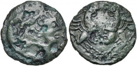 GAULE BELGIQUE, Bellovaci, AE bronze. D/ Personnage en position de "plongeur", la t. à d., le corps suivant le bord de la monnaie, les pieds rejoignan...