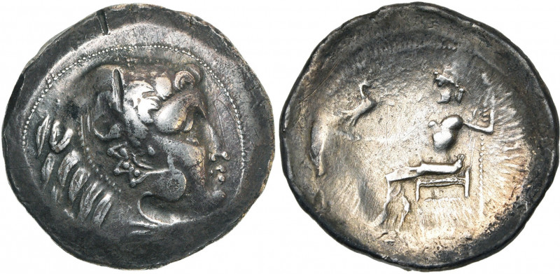 DANUBE, AR tétradrachme. Type de Philippe III. D/ T. d''Héraclès à d., coiffé de...