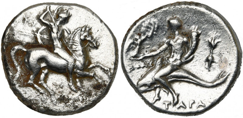 CALABRE, TARENTE, AR nomos, 281-272 av. J.-C. D/ Cavalier au galop à d., ten. un...