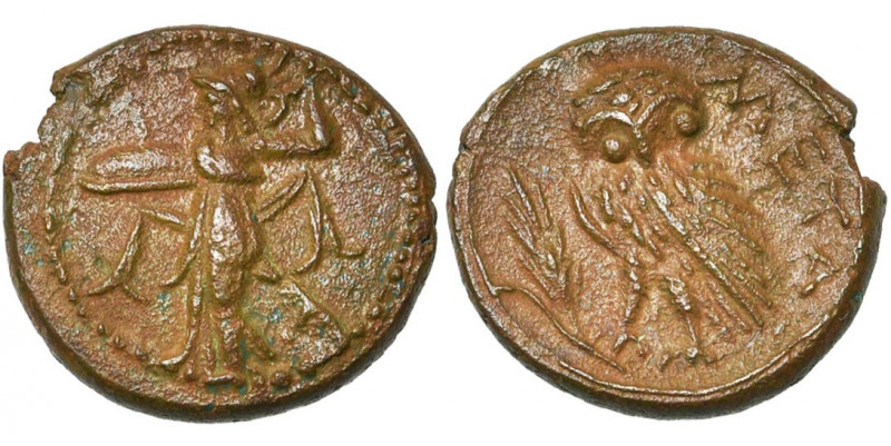 LUCANIE, METAPONTE, AE bronze, vers 330 av. J.-C. D/ Athéna Promachos deb. à g.,...
