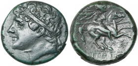 SICILE, SYRACUSE, Hiéron II (275-216), AE bronze. D/ T. diad. à g. R/ Cavalier au galop à d. En dessous, ΣΩ. A l''ex., IEPΩΝΟΣ. SNG ANS 952. 17,55g Pa...