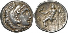 ROYAUME DE MACEDOINE, Alexandre III le Grand (336-323), AR drachme, 323-319 av. J.-C., Colophon. D/ T. d''Héraclès à d., coiffé de la dépouille de lio...