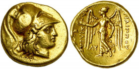 ROYAUME DE MACEDOINE, Philippe III Arrhidée (323-316), AV statère, 323-317 av. J.-C., Babylone. D/ T. casquée d''Athéna à d., le casque orné d''un ser...