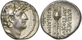 ROYAUME SELEUCIDE, Antiochos VIII Grypous, 2e règne (112-109), AR drachme, Antioche. D/ T. diad. à d. R/ BAΣΙΛΕΩΣ/ ANTIOXOY/ EΠΙΦΑΝΟYΣ Trépied. Dans l...