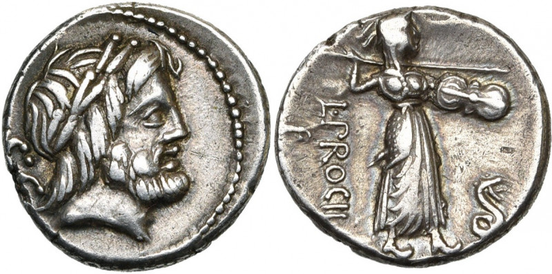 L. Procilius, AR denier, 80 av. J.-C., Rome. D/ T. l. de Zeus à d. A g., S·C. R/...