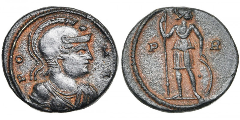 ROMA, AE follis, 348, Rome. D/ RO-MA B. casqué, dr. à d. R/ P-R L''empereur deb....