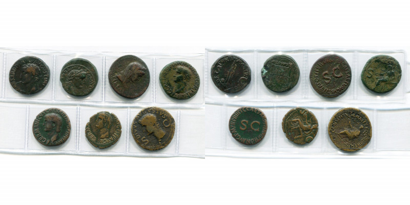 lot de 7 bronzes: Tibère, as, R/ Gouvernail et globe, Autel de Lyon; dupondius, ...