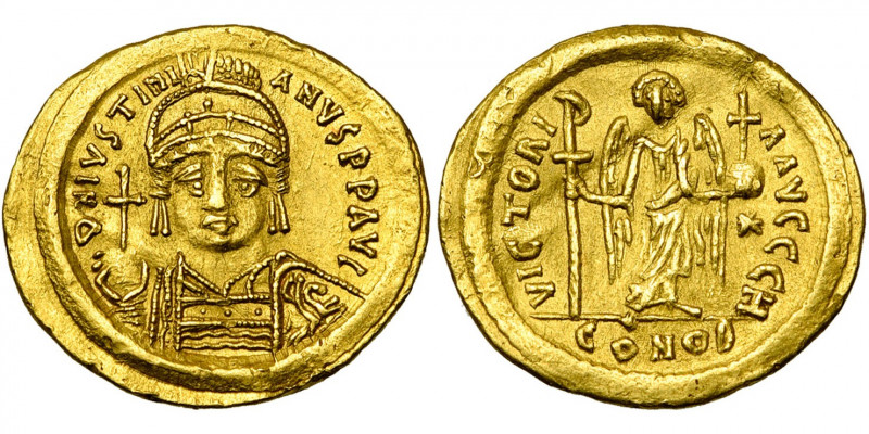 Justinien Ier (527-565), AV solidus, 542-565, Constantinople. Off. H. D/ B. casq...