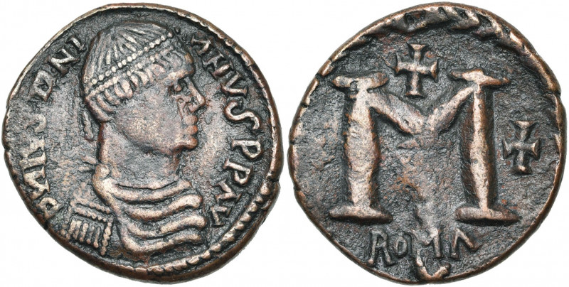 Justinien Ier (527-565), AE follis, 540-542, Rome. D/ D N IVSTINI-ANVS PP AV B. ...