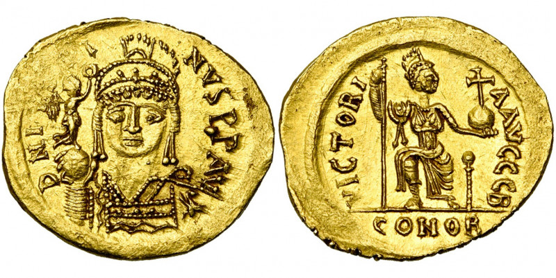 Justin II (565-578), AV solidus, Constantinople. Off. B. D/ B. casqué, cuir. de ...