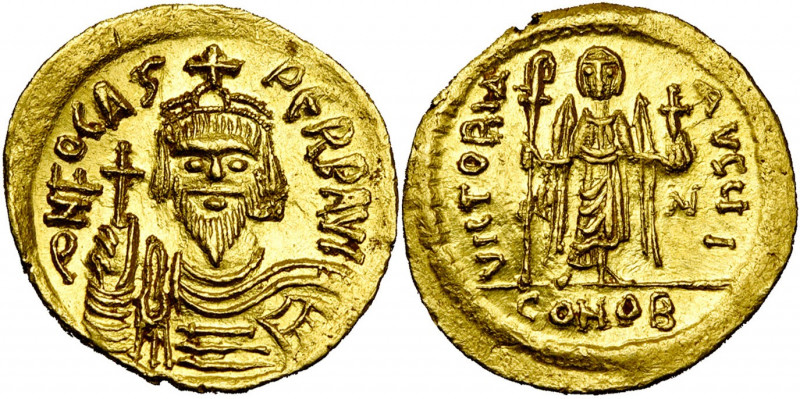 Phocas (602-610), AV solidus, 607-610, Constantinople. Off. I. D/ B. cour., dr.,...