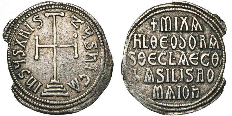 Michel III (842-867), avec sa mère Théodora et sa soeur Thecla, AR miliaresion, ...