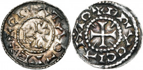CAROLINGIENS, Charles le Simple (897-922), AR denier, Bruges. Frappé sous Baudouin II, comte de Flandre (879-918). D/ + CRΛTΛ D-REX Monogramme carolin...
