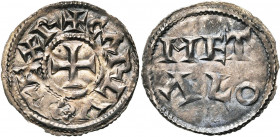 CAROLINGIENS, AR denier, 1e moitié du 10e s., Melle. Au type immobilisé de Charles le Simple. D/ + CΛRLV REX R Croix pattée. R/ MET/ΛLO en deux ligne...
