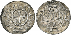ALLEMAGNE, COLOGNE, Otton Ier, empereur (962-973) ou Otton II (973-983), AR denier. Imitation aux légendes déformées. D/ Croix cantonnée de quatre glo...