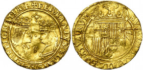 ESPAGNE, Royaume, Ferdinand et Isabelle (1474-1504), AV double excelente, s.d., Séville. D/ B. affrontés des rois catholiques. Au-dessus, une étoile e...
