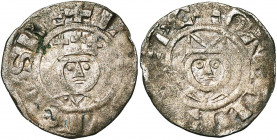 FRANCE, Royaume, Louis VII (1137-1180), AR denier, Laon. Avec l''évêque Gautier Ier (1151-1155) ou Gautier II (1155-1174). D/ + LVDOVICVS RE B. couron...