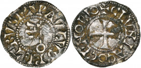 FRANCE, CLUNY, Abbaye, AR denier anonyme, 12e s. D/ PETRVS ET PAVLVS Clef. R/ + CLVNIACO CENOBIO Croix. B. 1195; P.A. 5596. 0,94g Dépôts superficiels....