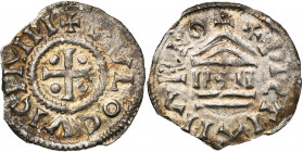 FRANCE, NORMANDIE, occupation royale, Louis IV d''Outremer (942-946), AR denier au temple. D/ + VVLOCVICIMN Croix cantonnée de quatre points. R/ + XPI...