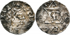 FRANCE, STRASBOURG, Henri II, roi (1002-1014), AR denier. D/ B. radié à d. R/ Eglise avec une croix au centre. Dan. 916; Kluge 79. 1,14g Légère faible...