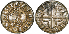 GRANDE-BRETAGNE, ROYAUME D''ANGLETERRE, Cnut (1016-1035), AR penny, 1017-1023, Londres. Quatrefoil type. Monétaire Aelfwine. D/ + CNVT REX ANGLOR B. d...