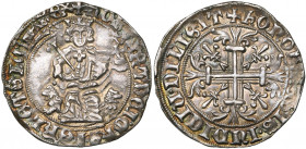 ITALIE, NAPLES, Robert d''Anjou (1309-1343), AR gigliato, frappe posthume. D/ Le roi trônant de f. sur deux lions, ten. un sceptre fleurdelisé et un g...