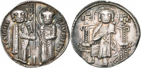 ITALIE, VENISE, Pietro Ziani (1205-1229), AR grosso (matapan). D/ Saint Marc remettant une bannière au doge. R/ Le Christ trônant de f. Pap. 93, 1; Pa...