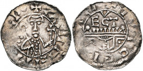 NEDERLAND, UTRECHT, Bisdom, Willem van Pont (1054-1076), AR denarius. Vz/ Bisschop met kruisscepter en kromstaf v.v. Links drie punten. Kz/ [+ TRA]IEC...