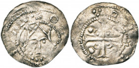 NEDERLAND, TIEL (?), Hendrik III (1036-1056) of Hendrik IV (1056-1106), AR denier. Vz/ Gekroond hoofd v.v. Kz/ TIE[] Kruis met in elk kwartier een pu...