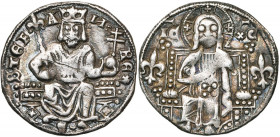 SERBIE, Stéphane Urosh II Milutin (1282-1321), AR dinar. D/ STEF-A-N- REX Le Christ trônant de f., entre deux lis. R/ Le Christ trônant de f., entre d...