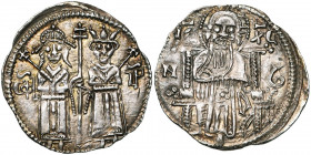 SERBIE, Stéphane Urosh IV Dusan, tsar (1345-1355), AR dinar. D/ L''empereur et l''impératrice deb. de f., ten. entre eux une croix patriarcale. Dans l...