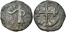 COMTE D''EDESSE, Baudouin II du Bourg, restauré (1108-1118), AE follis, vers 1110. Série légère. 1er type, avec légende verticale. D/ Le comte deb. à ...