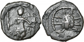 COMTE D''EDESSE, Baudouin II du Bourg, restauré (1108-1118), AE follis. Série légère. 3e type. D/ Le comte deb. de f., ten. son épée et une croix. Dan...