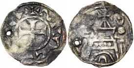 ROYAUME DE JERUSALEM, billon denier anonyme, 12e s. D/ + SNAC[]A (pour Sancta Area ?) Croix pattée. R/ Eglise flanquée de deux tours (ou deux minarets...